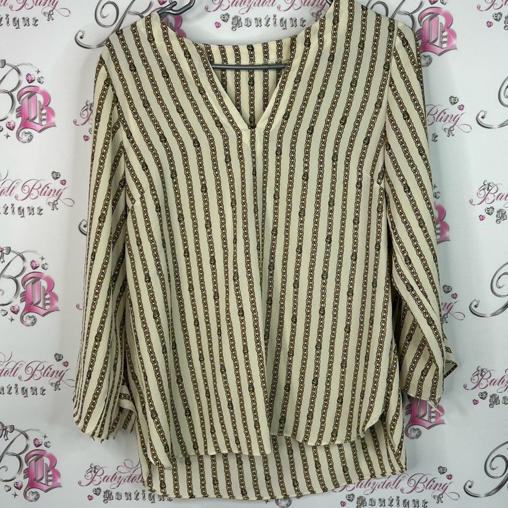 Michael Kors blouse chain link chains lockets Beige and Brown Striped Blouse